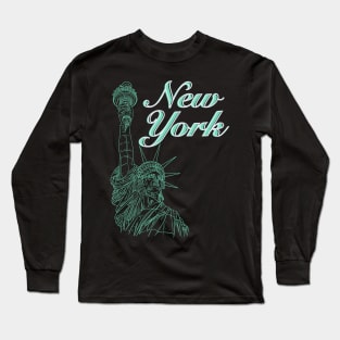 New York with Statue Of Liberty in a green line drawing design #2 Long Sleeve T-Shirt